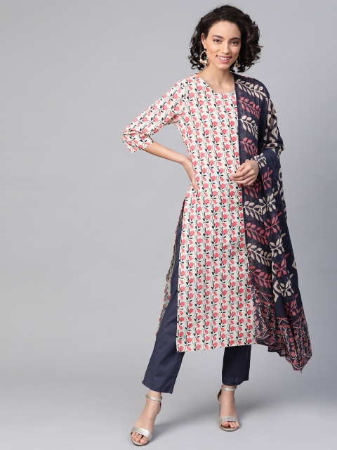 

HERE&NOW Women White & Pink Ethnic Motifs Print Cotton Kurta with Trousers & Dupatta