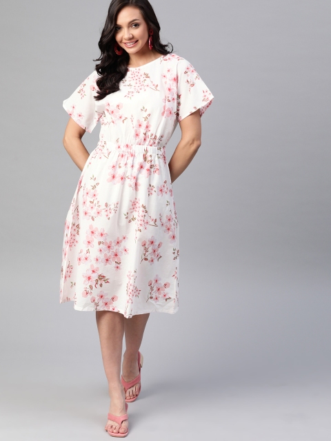 

HERE&NOW White & Pink Floral Print A-Line Dress