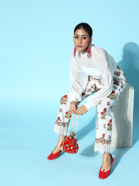 

HERE&NOW Women White & Red Floral Printed Cotton Knitted Palazzos