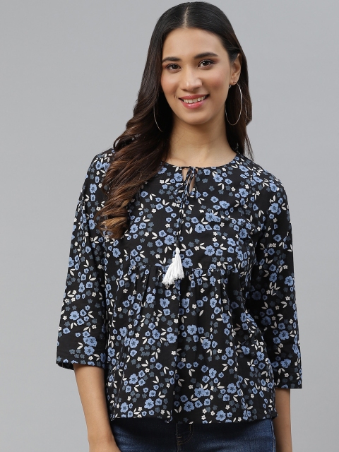 

HERE&NOW Black & Blue Floral Tie-Up Neck Pure Cotton Empire Top