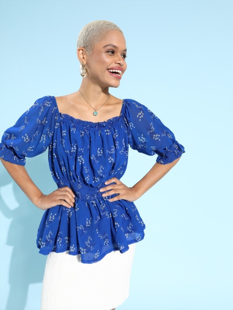 

HERE&NOW Women Stunning Blue Floral Cinched Waist Top