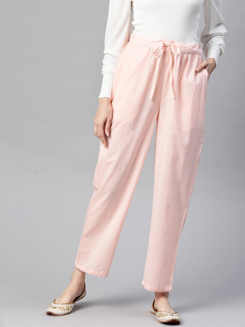 

HERE&NOW Women Pink Solid Pure Cotton Regular Trousers