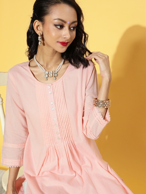 

HERE&NOW Women Pink Pure Cotton Solid Pleated Kurta
