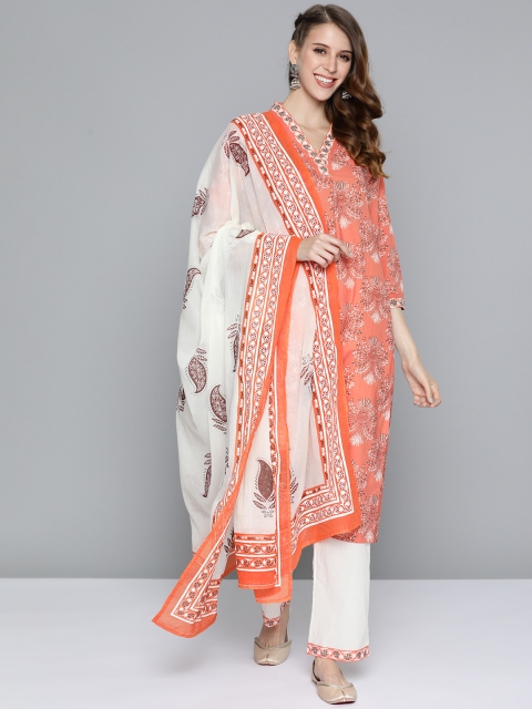 

HERE&NOW Women Coral Orange & Cream-Colored Ethnic Print Pure Cotton Kurta Set & Dupatta