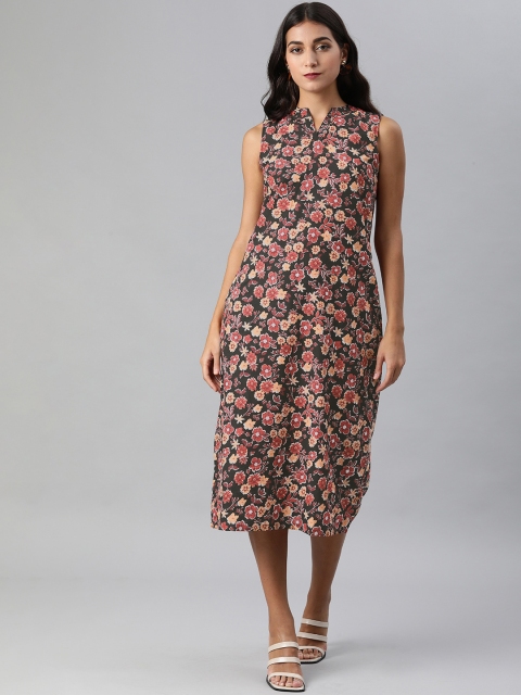 

HERE&NOW Black & Red Floral A-Line Midi Dress
