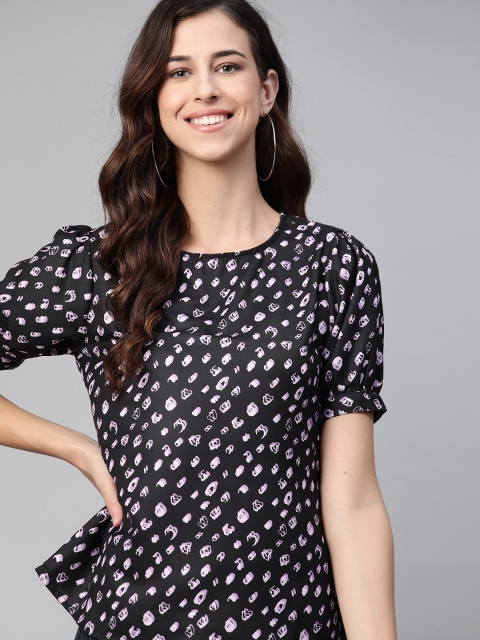 

HERE&NOW Black & Pink Puff Sleeve Regular Top