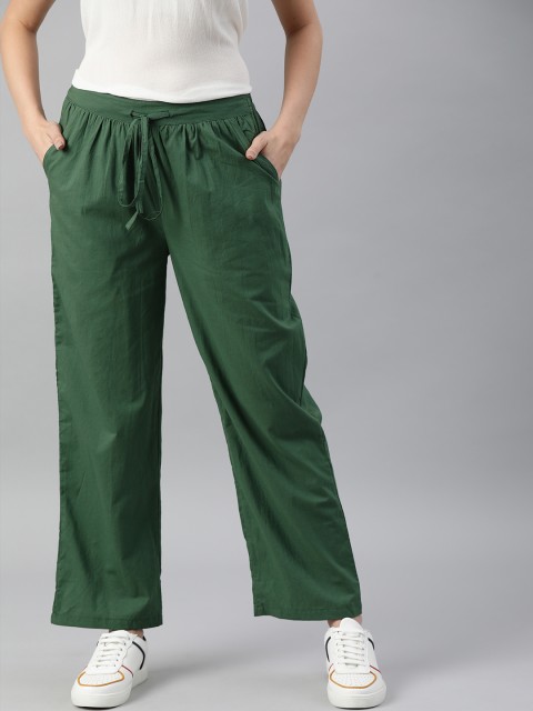 

HERE&NOW Women Green Solid Straight Fit Trousers