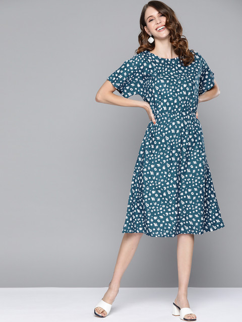 

HERE&NOW Teal Blue & White Floral A-Line Dress