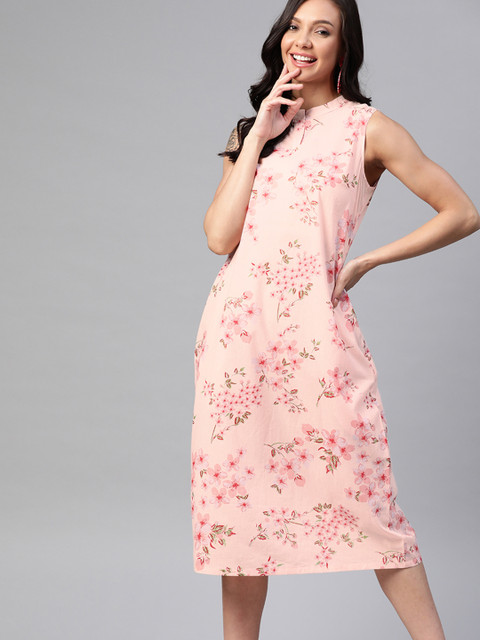 

HERE&NOW Peach-Coloured & Green Floral Print Midi A-Line Dress
