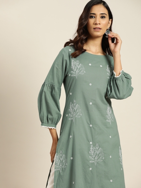 

Moda Rapido Women Green & White Ethnic Motifs Embroidered Pure Cotton Kurta