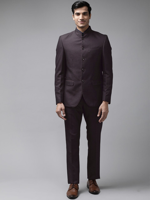 

Blackberrys Men Burgundy Self Design Slim Fit Single-Breasted 2-Piece Bandhgala Suit
