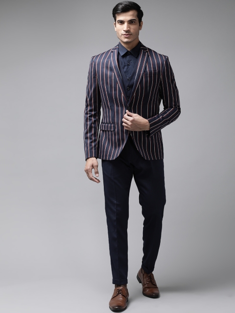 

Blackberrys Men Navy & Red Striped Super Slim Fit Single-Breasted Semiformal Suit, Navy blue