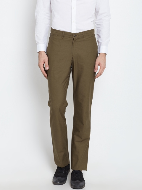 

Blackberrys Men Olive Brown Self-Design Flat-Front Smart Casual Trousers