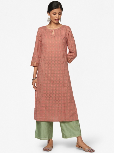 

Fabindia Women Coral Pink & Brown Pure Cotton Ethnic Motifs Printed Keyhole Neck Kurta
