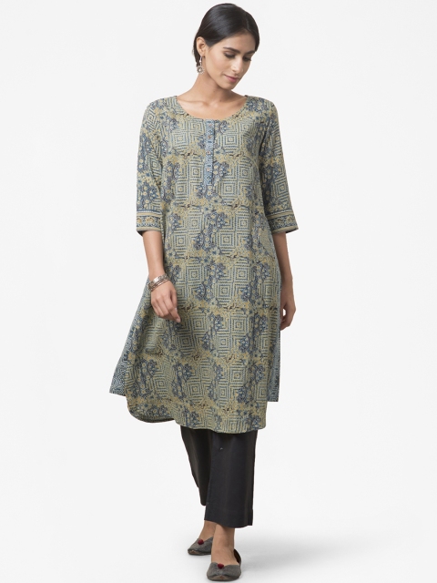 

Fabindia Women Beige & Blue Pure Cotton Abstract Print Kurta