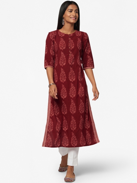 

Fabindia Women Maroon & White Pure Cotton Slim Fit Hand Blocked Print Dobby Weaved Kurta