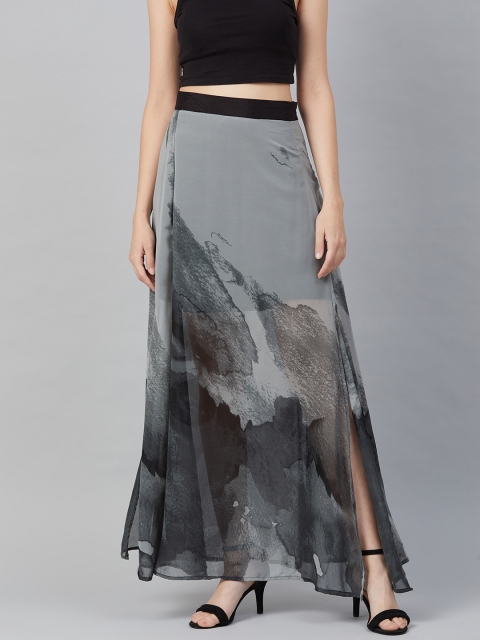 

I AM FOR YOU Women Grey & Black Printed A-Line Maxi Skirt