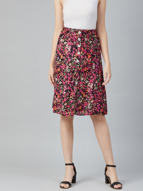

I AM FOR YOU Women Black & Pink Floral Printed A-Line Skirt