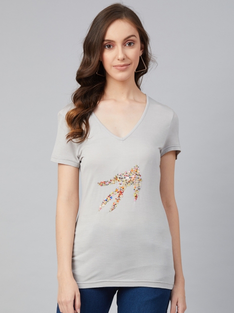 

I AM FOR YOU Women Grey Solid V-Neck T-shirt With Embellished Details