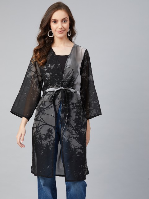 

I AM FOR YOU Women Grey & Black Printed Tie-Up Shrug