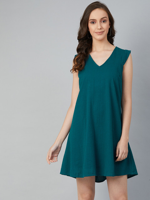 

I AM FOR YOU Women Teal Blue Solid A-Line Dress
