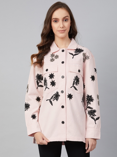 

I AM FOR YOU Women Pink & Black Self Design Cotton Lightweight Tailored Jacket