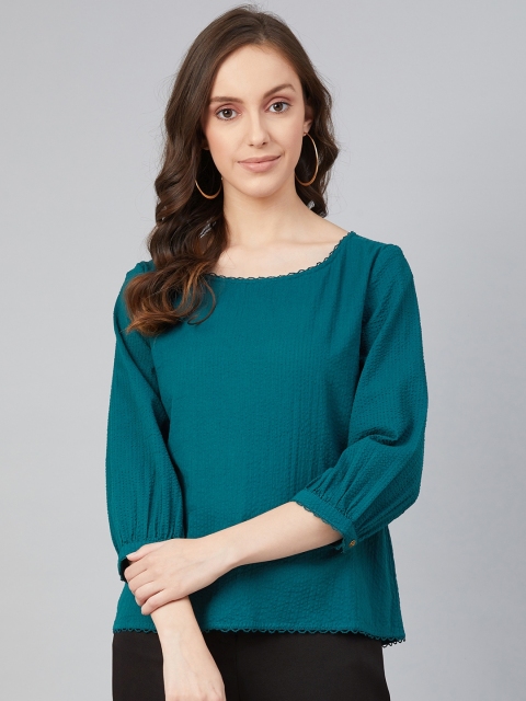 

I AM FOR YOU Teal Blue Puff Sleeves Pure Cotton Regular Top