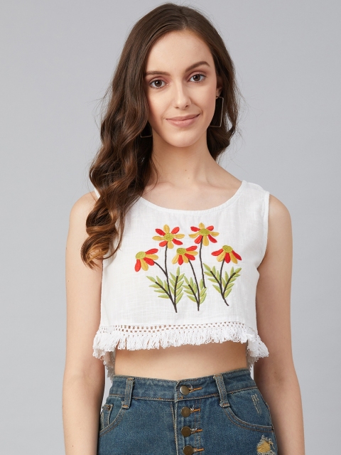 

I AM FOR YOU White & Red Floral Embroidered Fringed Pure Cotton High-Low Crop Top
