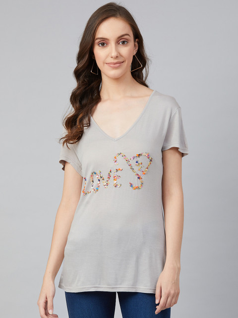 

I AM FOR YOU Women Grey Solid V-Neck T-shirt With Embellished Details