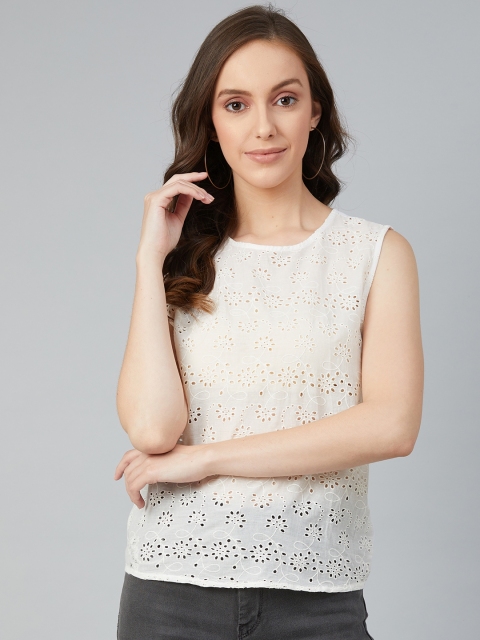 

I AM FOR YOU White Schiffli Pure Cotton Regular Top