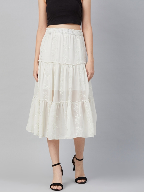 

I AM FOR YOU Women Off White Floral Embroidered Tiered Midi Skirt