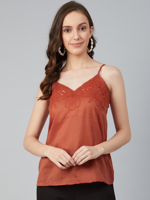 

I AM FOR YOU Rust Orange Solid Regular Top with Embroidered Details