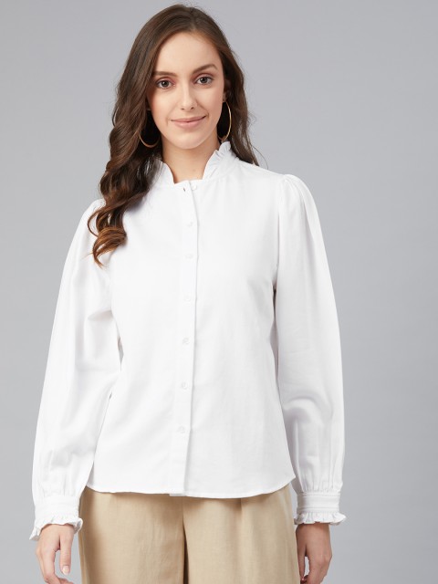 

I AM FOR YOU White Mandarin Collar Puff Sleeves Pure Cotton Shirt Style Top