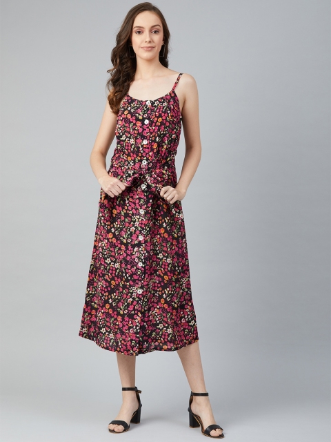 

I AM FOR YOU Women Black & Pink Floral Printed A-Line Dress