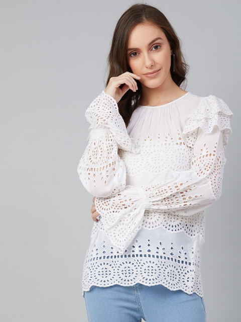 

I AM FOR YOU White Self design Puff Sleeves Schiflli Pure Cotton Regular Top