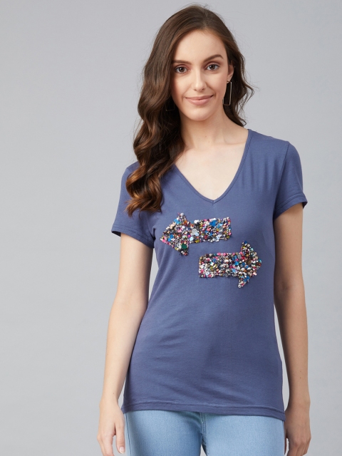 

I AM FOR YOU Women Blue Solid V-Neck T-shirt With Embellished Details