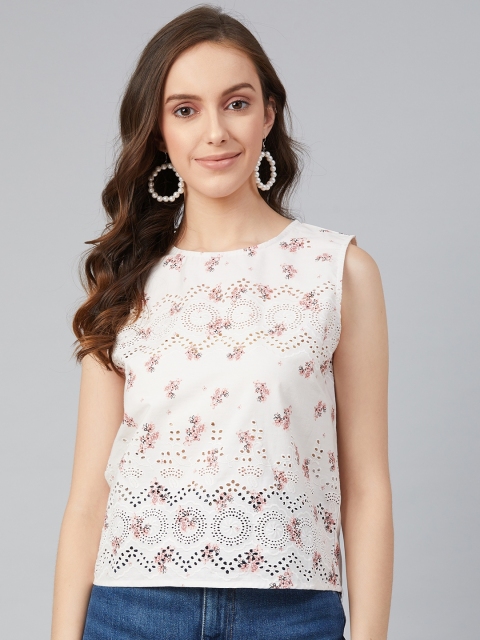 

I AM FOR YOU White & Pink Floral Printed Schiffli Pure Cotton Regular Top