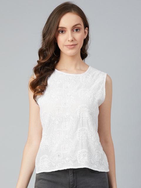 

I AM FOR YOU White Floral Embroidered Pure Cotton Regular Top