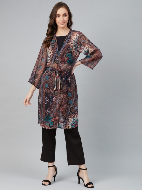 

I AM FOR YOU Women Black & Maroon Printed Tie-Up Shrug