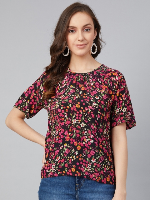 

I AM FOR YOU Black & Pink Floral Printed Regular Top