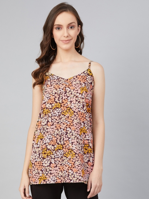 

I AM FOR YOU Peach-Coloured & Mustard Yellow Floral Printed Styled Back Top