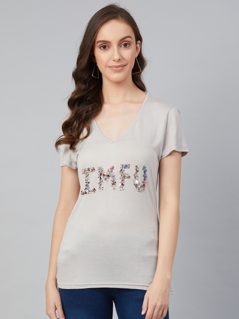 

I AM FOR YOU Women Grey Solid V-Neck T-shirt with Embellished Details