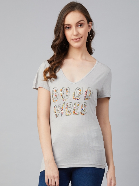 

I AM FOR YOU Women Grey Solid V-Neck T-shirt with Embellished Details