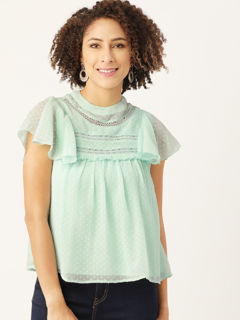 

Antheaa Green Dobb Weave Geometric Flutter Sleeves A-Line Top