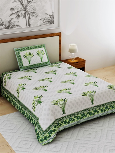 

Salona Bichona Green & White Ethnic Motifs 120 TC Cotton 1 Single Bedsheet with 1 Pillow Covers