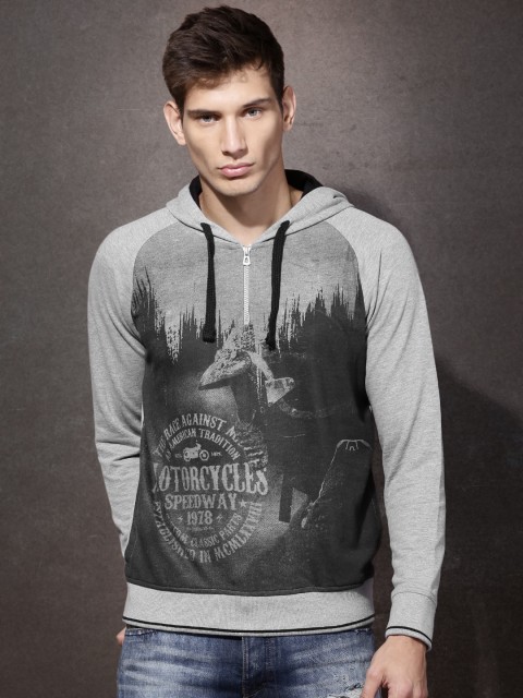 

Roadster Grey Melange Printed Hooded Sweatshirt