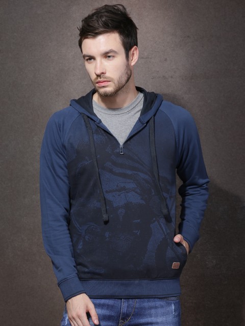 

Roadster Navy Printed Hooded Sweatshirt, Navy blue