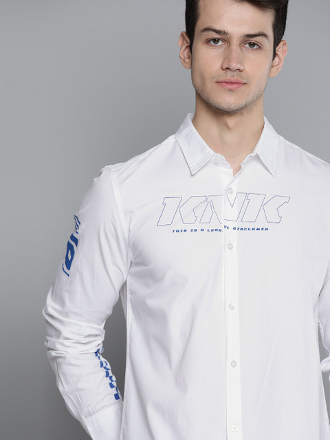 

Kook N Keech Men White & Navy Blue Pure Cotton Printed Casual Shirt