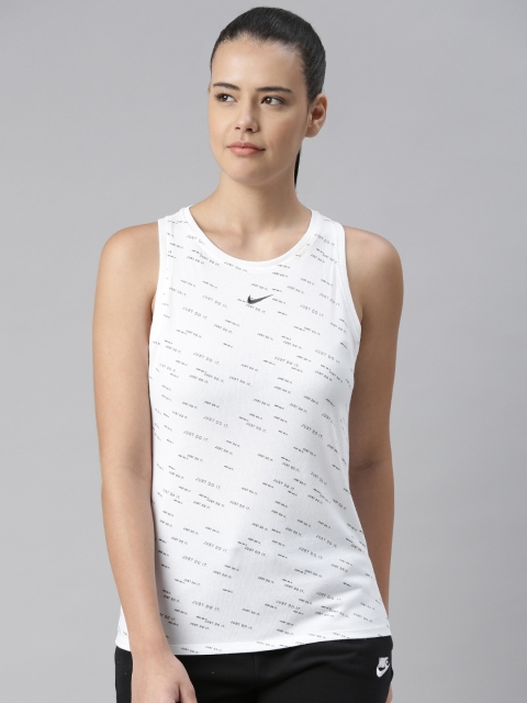 

Nike Women White Printed AS W NK Dri-Fit YOGA WASH Round Neck Training Tank T-shirt