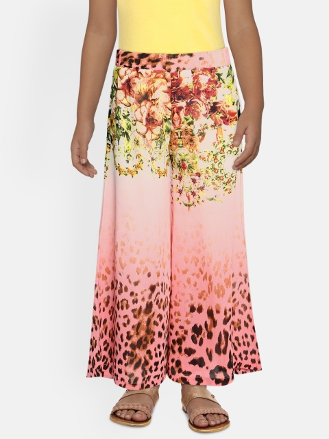 

Actuel Girls Coral Pink Printed Flared Palazzos